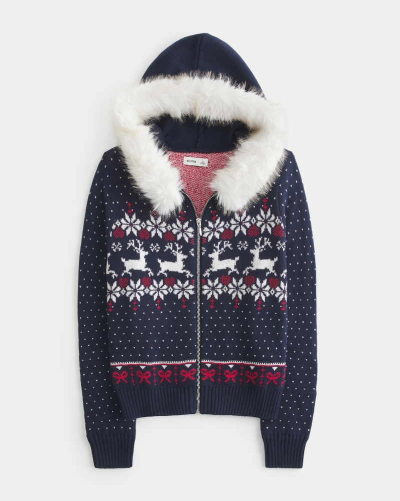 maglione con cappuccio e cerniera in stile fair isle con finiture in pelliccia sintetica