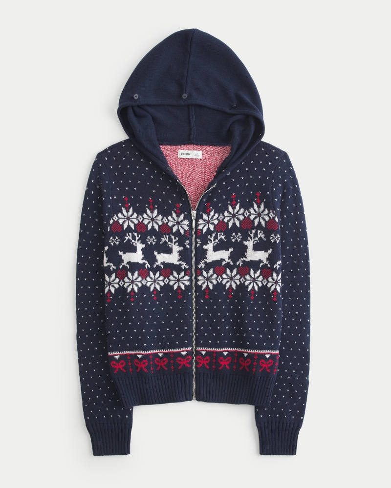 maglione con cappuccio e cerniera in stile fair isle con finiture in pelliccia sintetica
