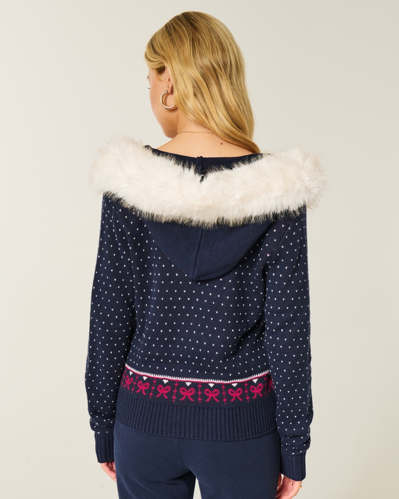 maglione con cappuccio e cerniera in stile fair isle con finiture in pelliccia sintetica