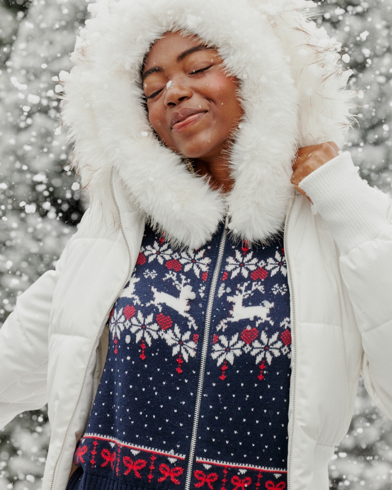 maglione con cappuccio e cerniera in stile fair isle con finiture in pelliccia sintetica