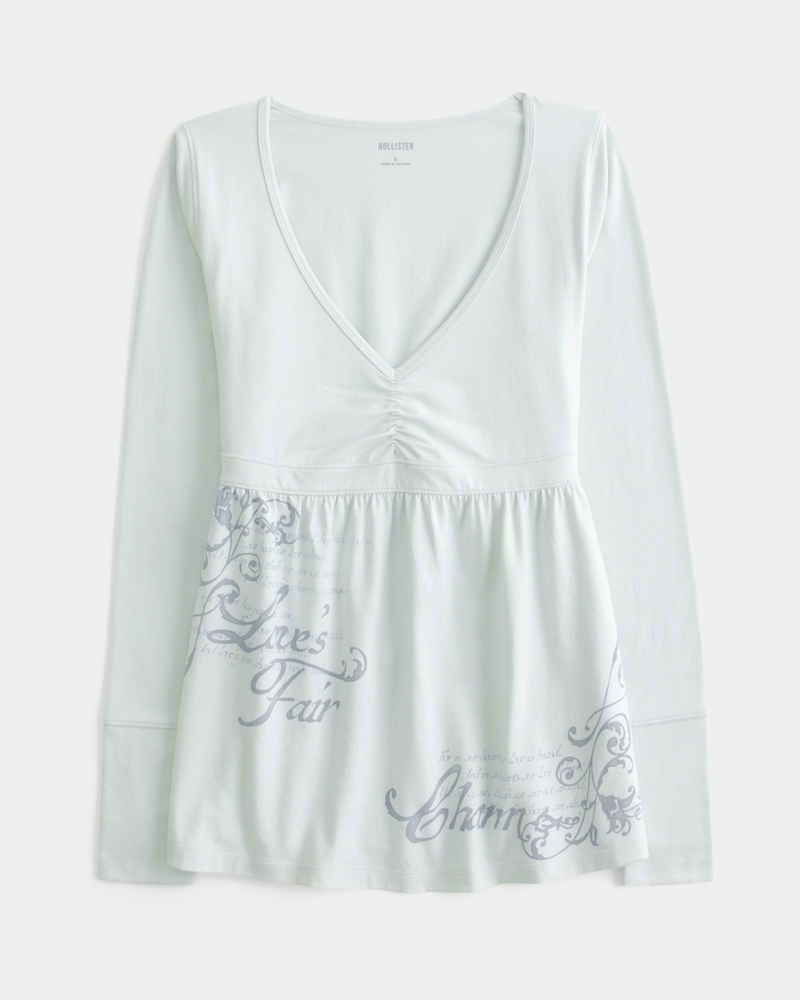 top babydoll con corpetto arricciato a maniche lunghe e motivo sul petto