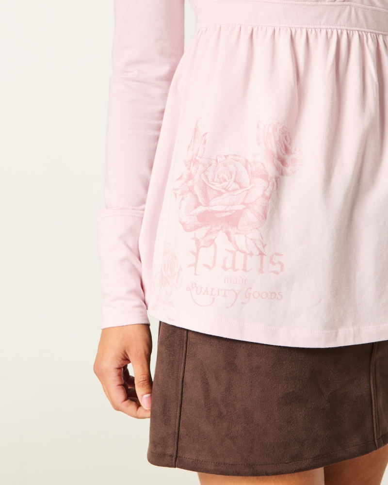 top babydoll con corpetto arricciato a maniche lunghe e motivo sul petto