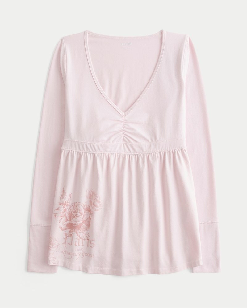 top babydoll con corpetto arricciato a maniche lunghe e motivo sul petto