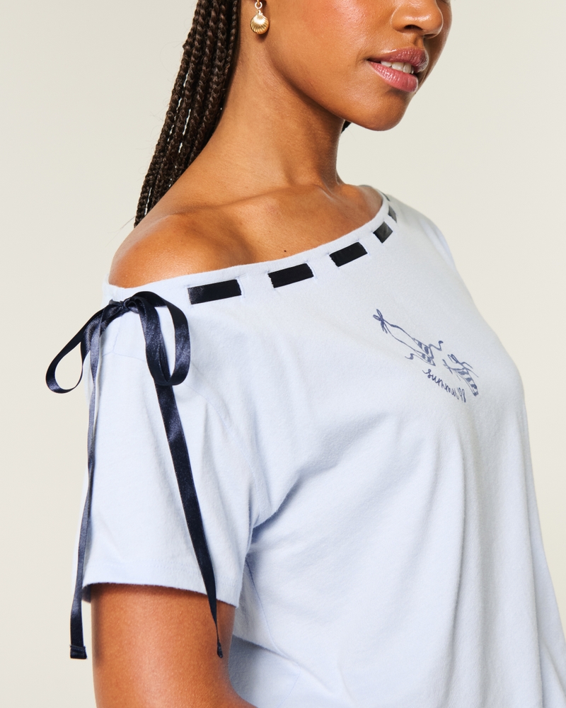 t-shirt mimetica ampia con spalle scoperte e coulisse