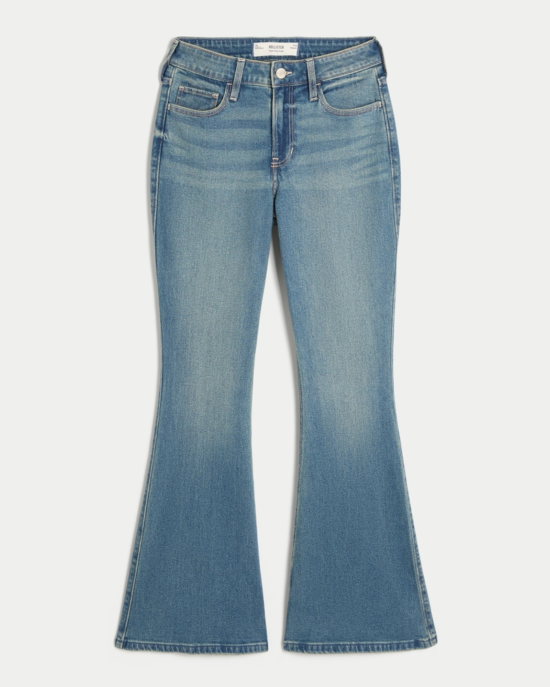jeans svasati a vita alta lavaggio chiaro con ricamo a cuore