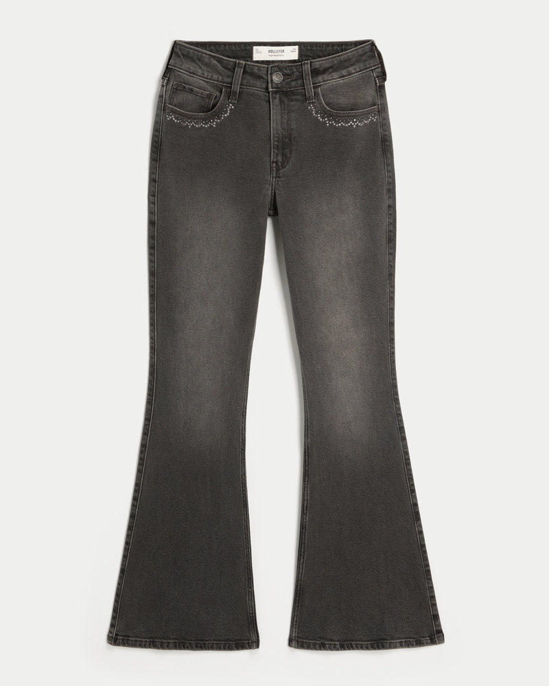 jeans svasati a vita alta con ricami floreali lavaggio scuro