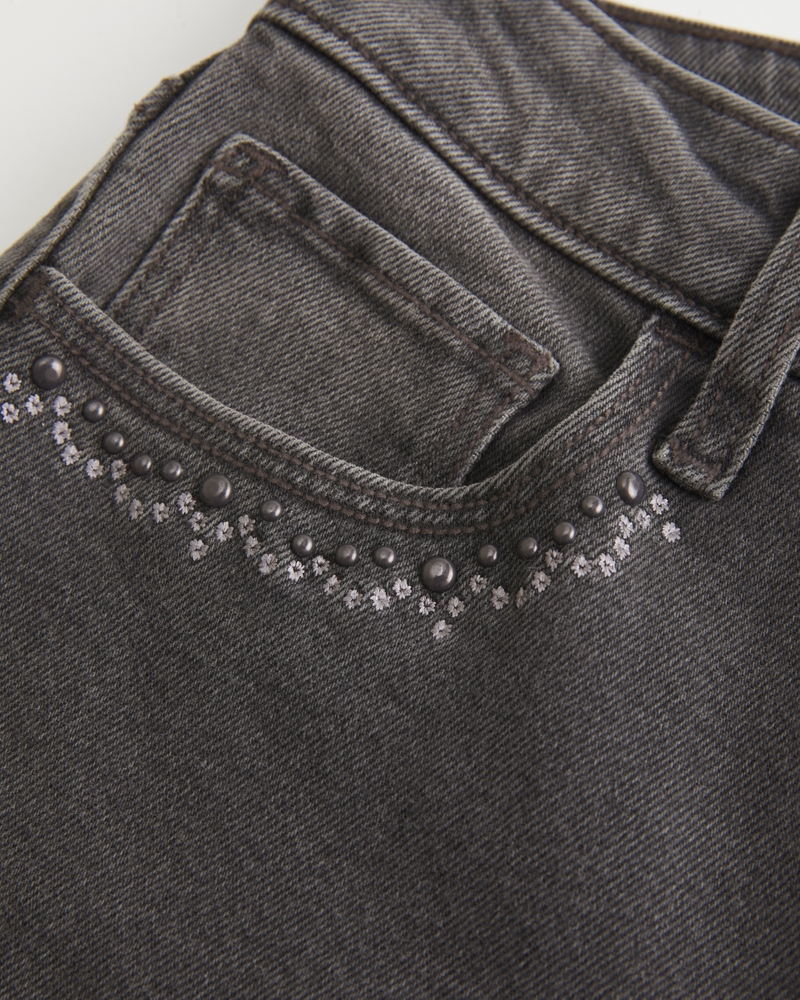 jeans svasati a vita alta con ricami floreali lavaggio scuro