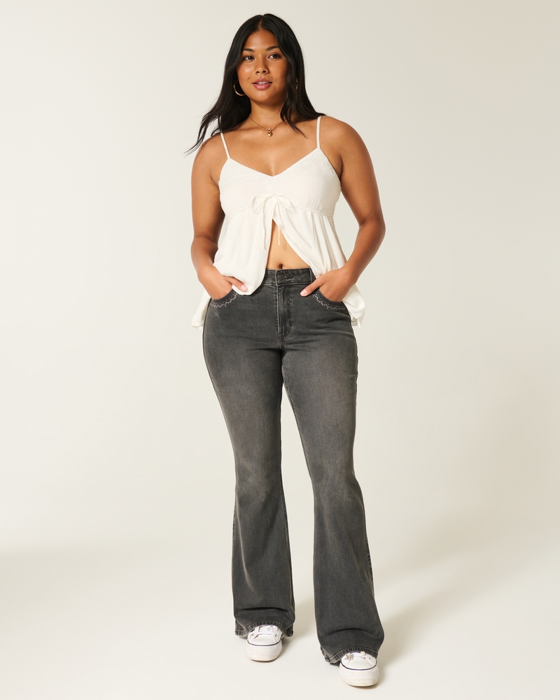jeans svasati a vita alta con ricami floreali lavaggio scuro