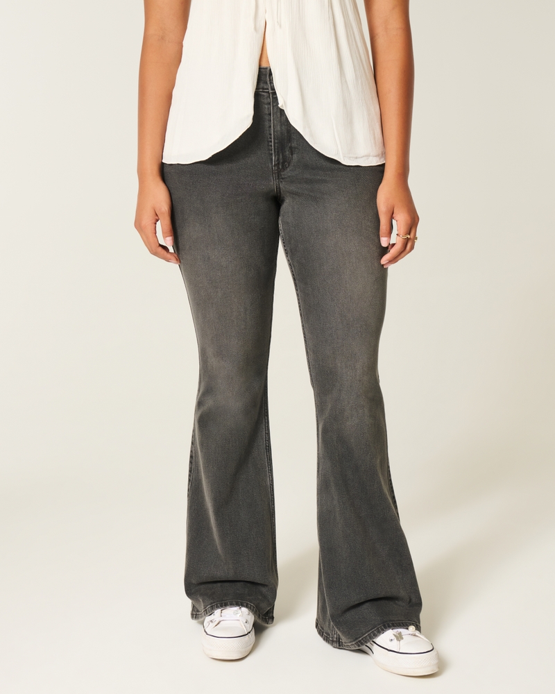 jeans svasati a vita alta con ricami floreali lavaggio scuro