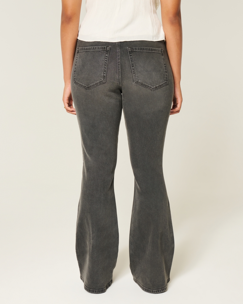 jeans svasati a vita alta con ricami floreali lavaggio scuro