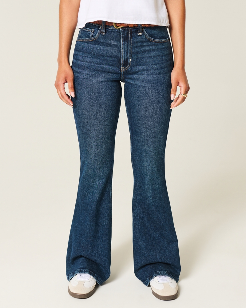 jeans svasati a vita alta con ricami floreali lavaggio scuro