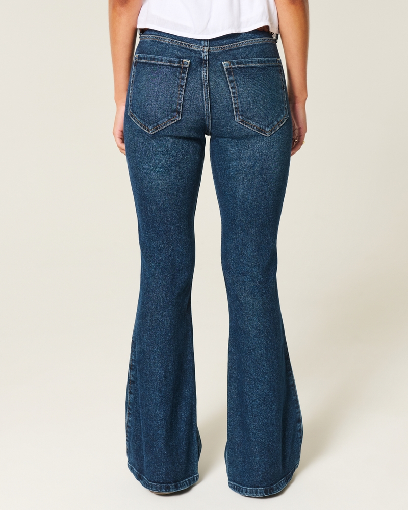 jeans svasati a vita alta con ricami floreali lavaggio scuro
