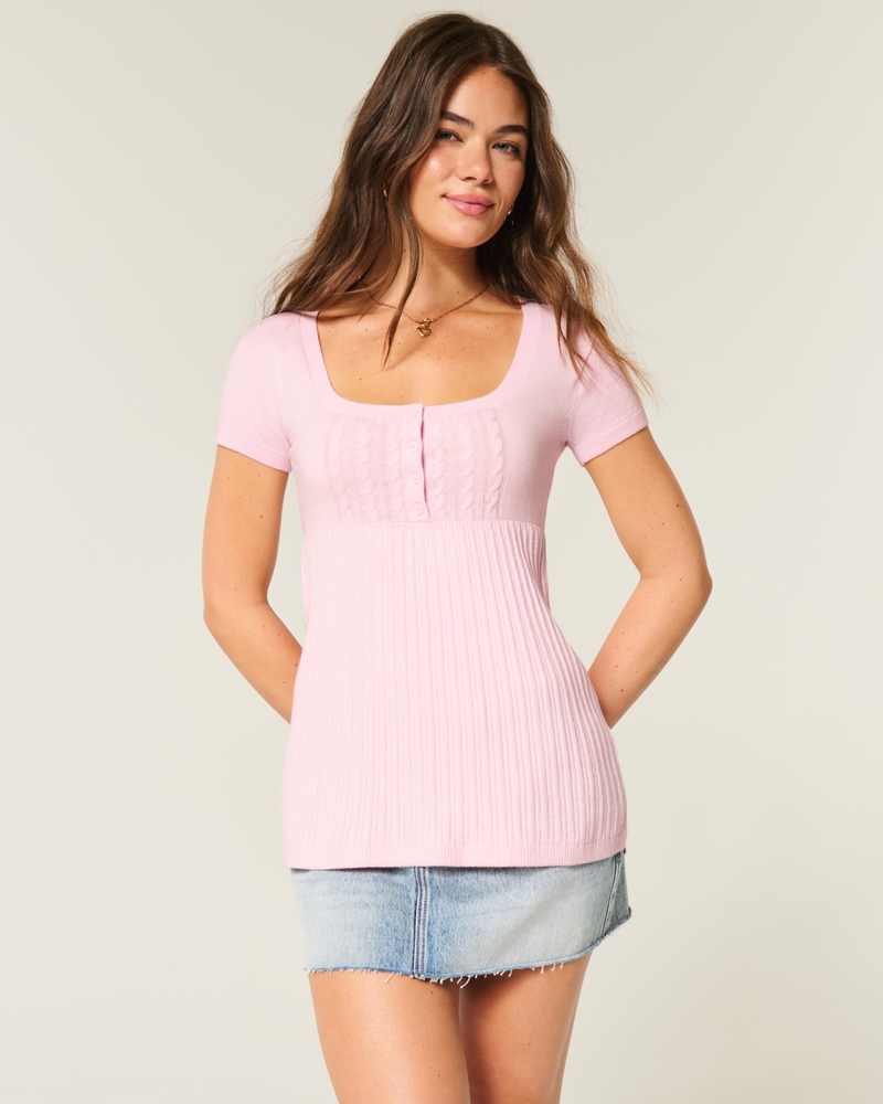top babydoll a maniche corte con colletto henley
