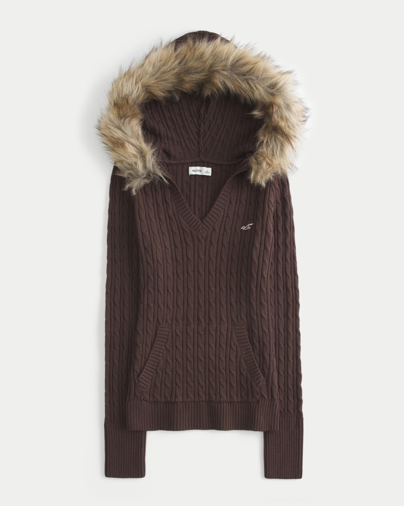 maglione lavorato a maglia con cappuccio e finiture in pelliccia sintetica
