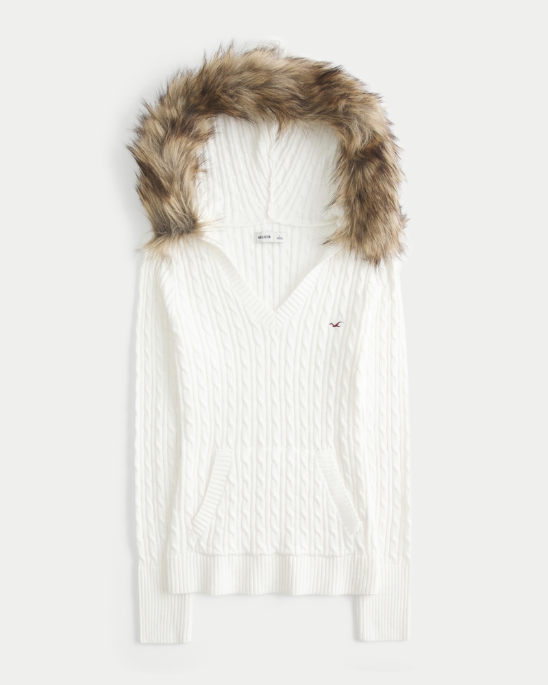 maglione lavorato a maglia con cappuccio e finiture in pelliccia sintetica