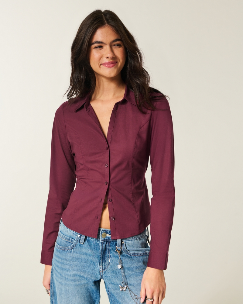 camicia con bottoni in popeline elastico