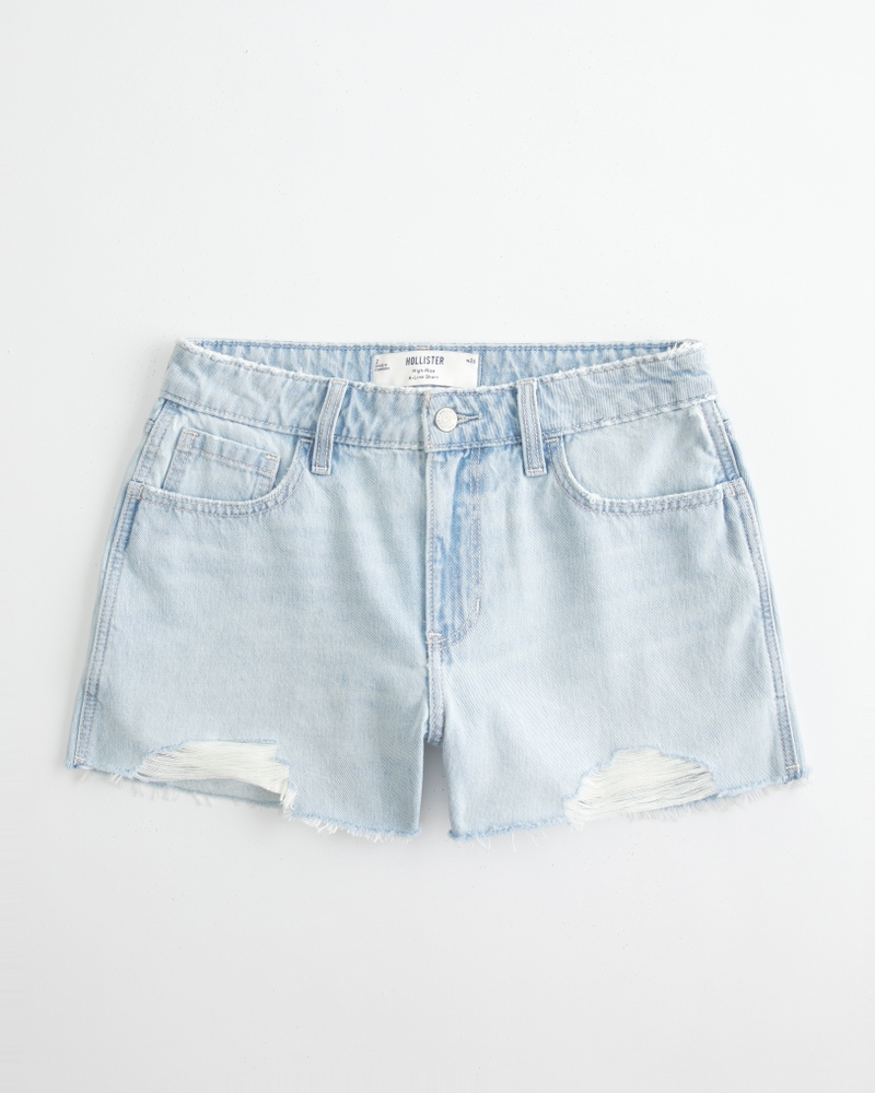 pantaloncini in denim a trapezio color acquamarina chiaro strappati a vita alta