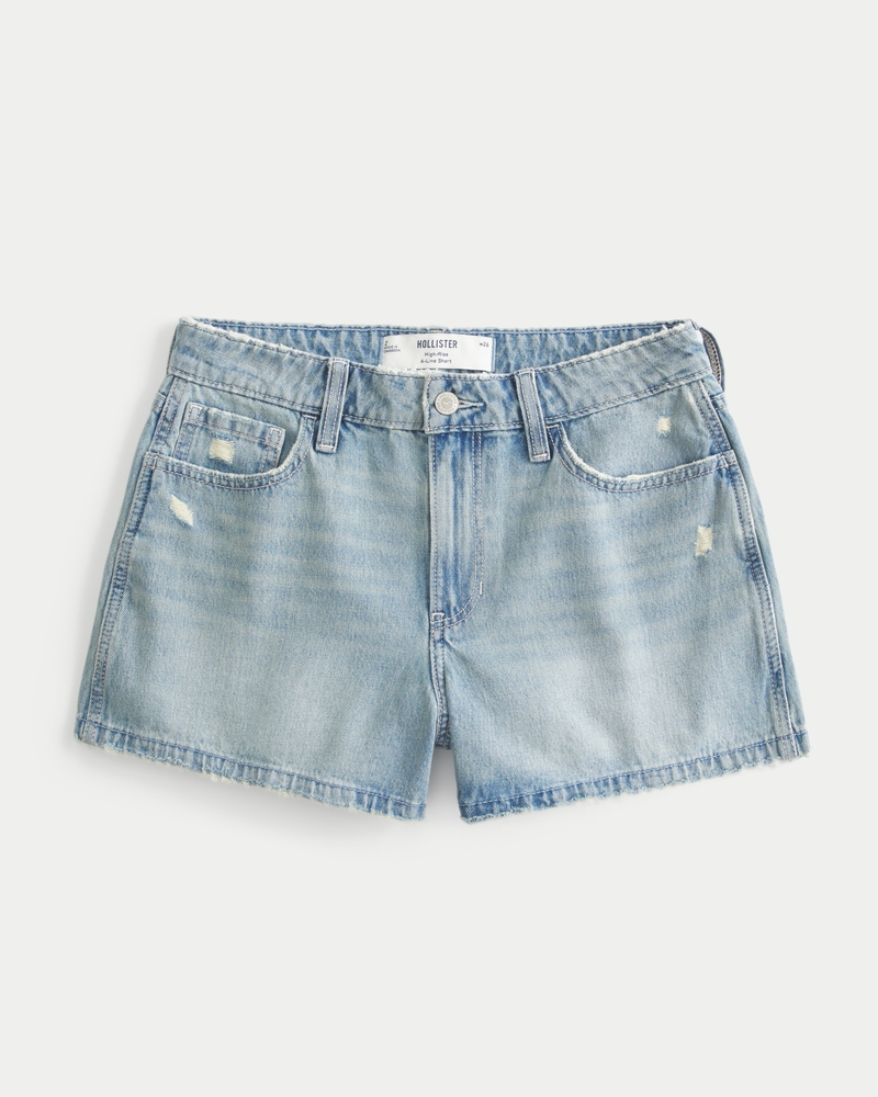 pantaloncini in denim a trapezio color acquamarina chiaro strappati a vita alta