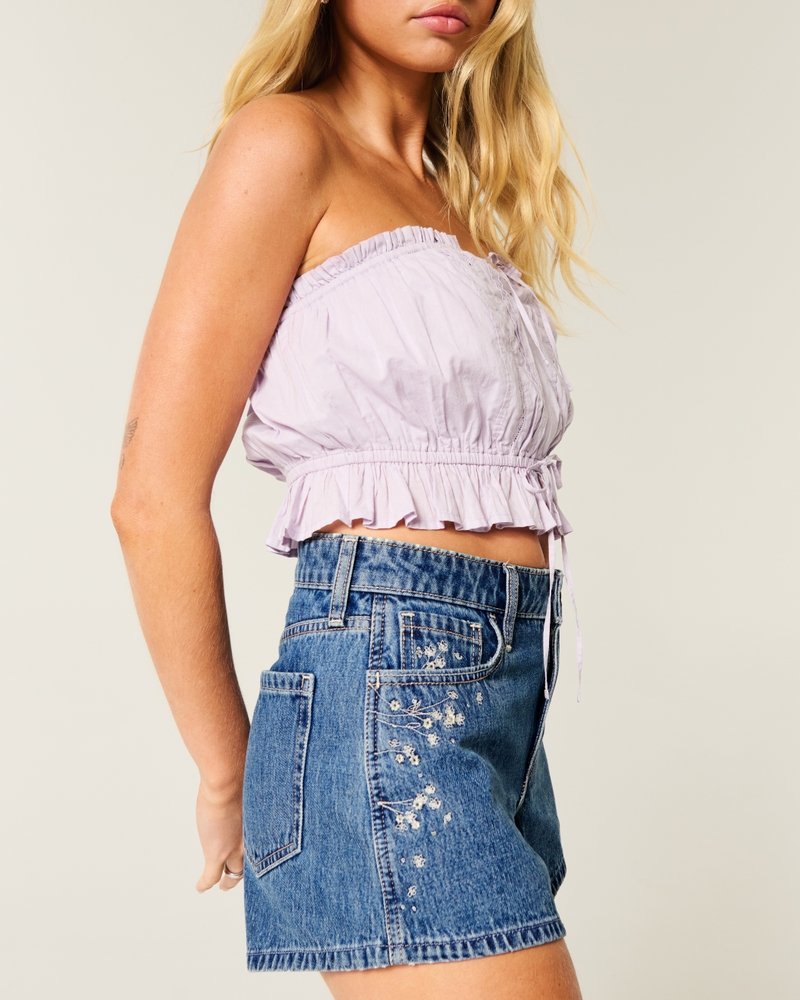 pantaloncini in denim a trapezio color acquamarina chiaro strappati a vita alta