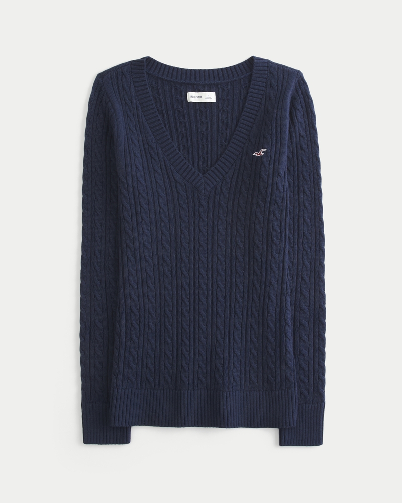 maglione con scollo a v e motivo a trecce