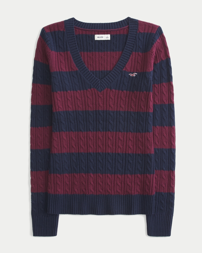 maglione con scollo a v e motivo a trecce