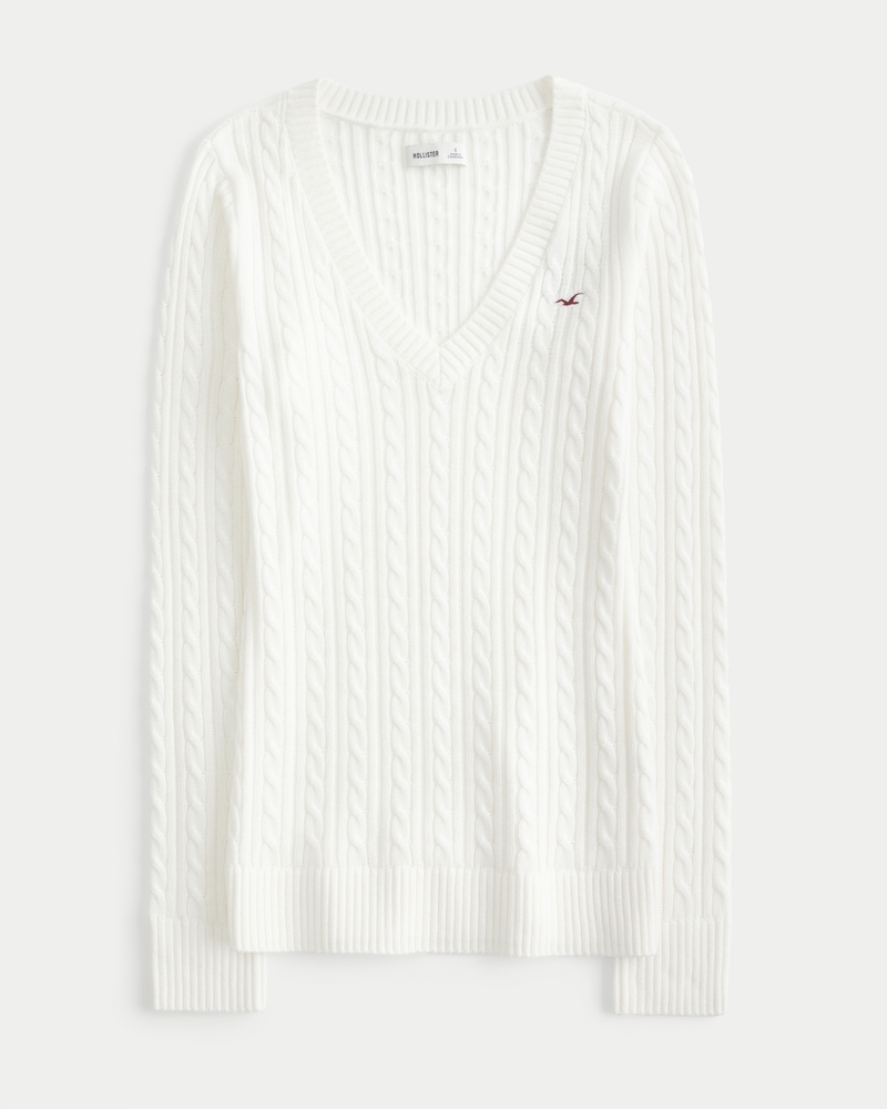 maglione con scollo a v e motivo a trecce