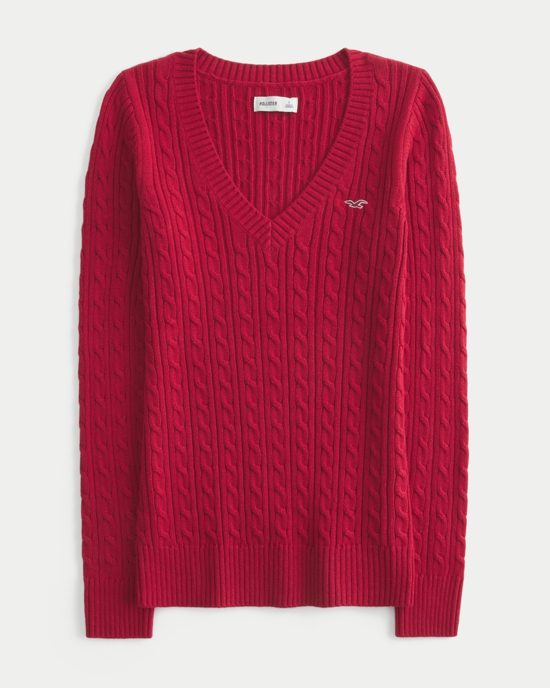 maglione con scollo a v e motivo a trecce