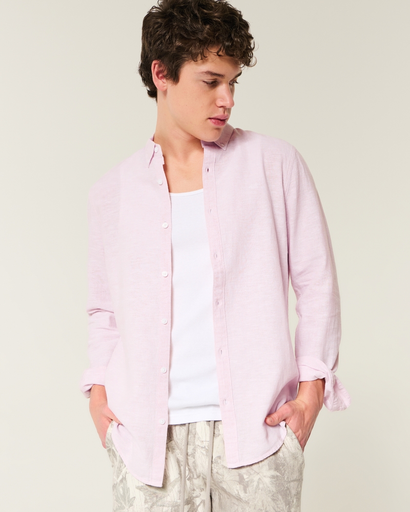 camicia con motivo a bottoni in misto lino